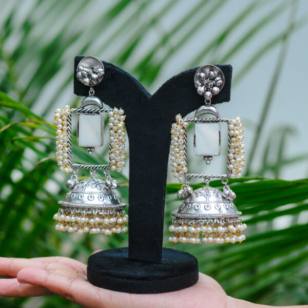 Premium Oxidised Silver Long Square Shape Pearl hanging with big Jhumka