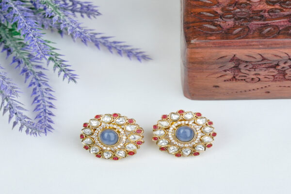 Elegant Mossanite Polki Stone Designer Studs - Blue - Image 2