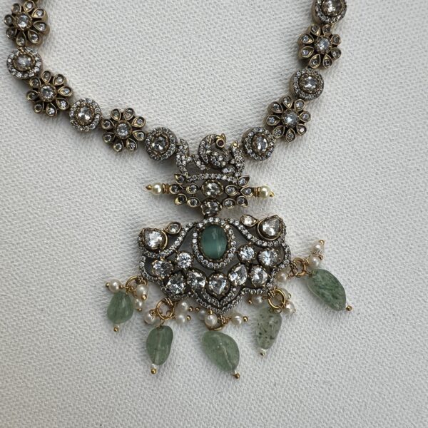 Peacock Victorian Design Necklace with Chandabali Earrings - Tarquish Blue - Image 3