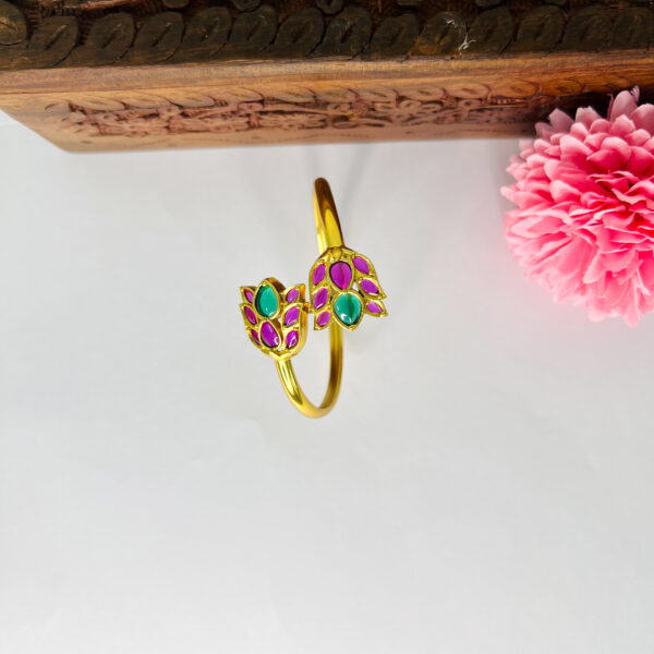 Lotus Design Ruby Pink & Green Kemp Stone-Open Type Bracelet - Image 3