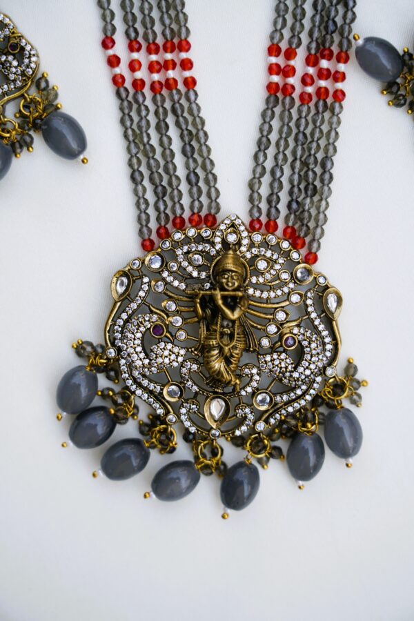 Ash and Red Onyx Bead long Designer Haram with Antique Krishna Pendent - Image 2