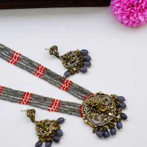 Ash and Red Onyx Bead long Designer Haram with Antique Krishna Pendent