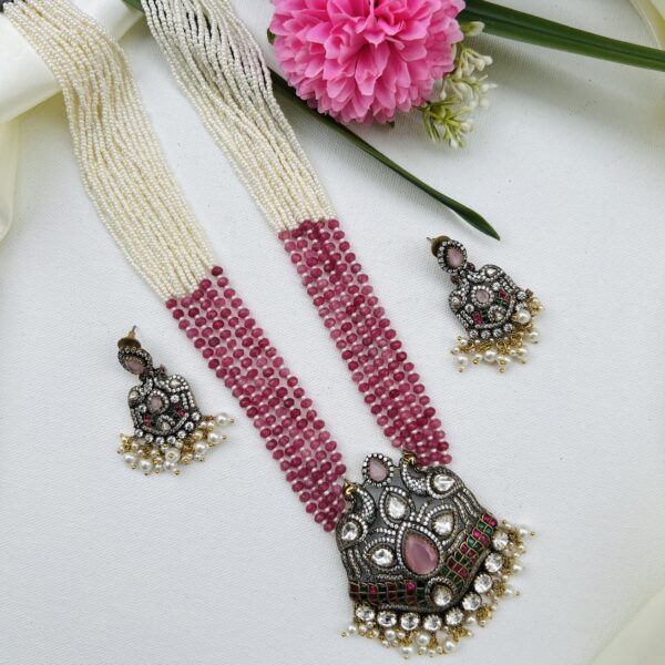 Pearl and Light Pink Onyx Bead Long Designer Haram with Mossanite Double Peacock Pendent - Image 3