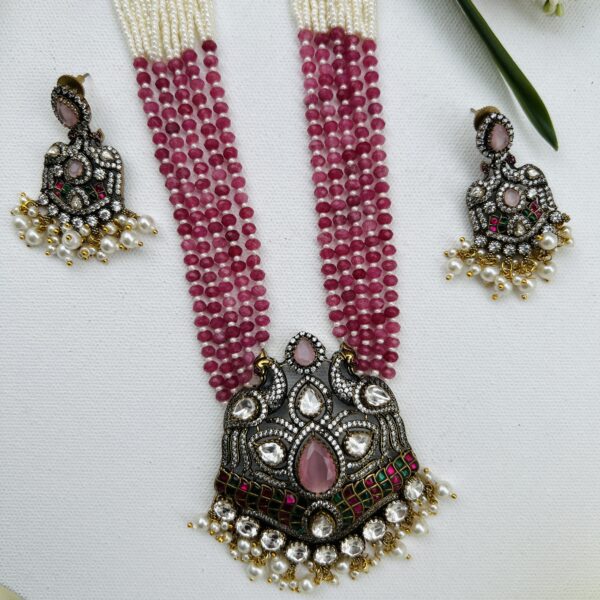 Pearl and Light Pink Onyx Bead Long Designer Haram with Mossanite Double Peacock Pendent - Image 4