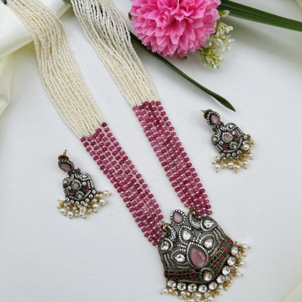 Pearl and Light Pink Onyx Bead Long Designer Haram with Mossanite Double Peacock Pendent