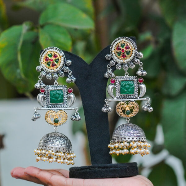 Premium Oxidised Silver Green Square Shape Enamelled with Jumukka - Image 2