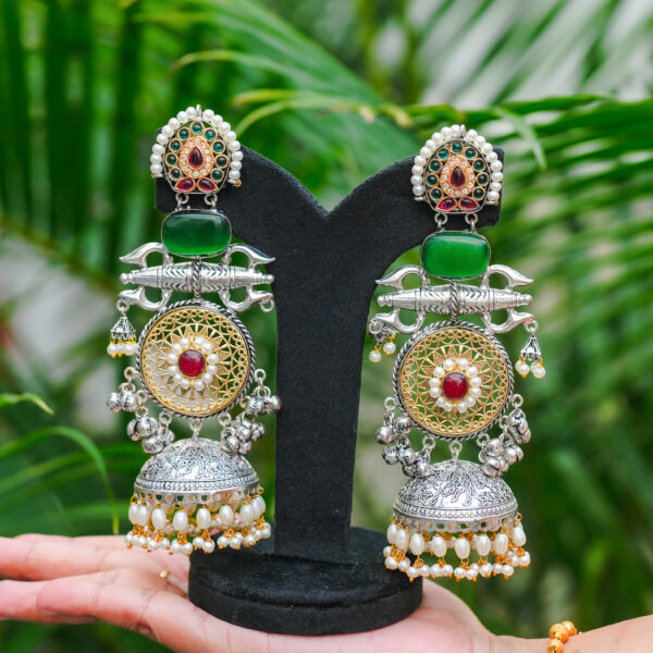 Premium Oxidised Silver Thirisoolam Style Long Silver Jummuka - Green - Image 2