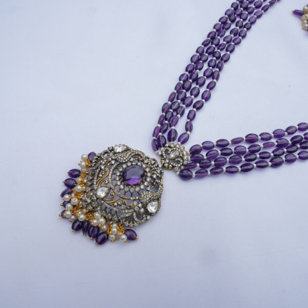 Mossanite Pendent Purple Bead Haram with Chandbali Earrings - Image 2