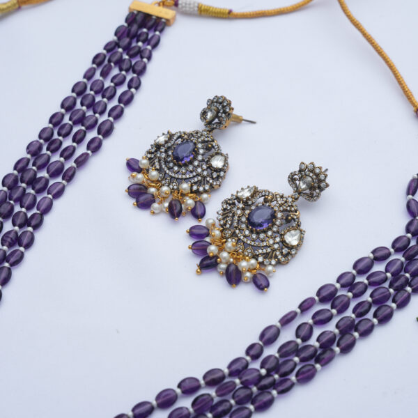 Mossanite Pendent Purple Bead Haram with Chandbali Earrings - Image 3