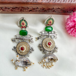 Premium Oxidised Silver Thirisoolam Style Long Silver Jummuka - Green