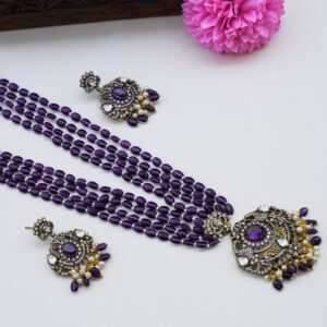 Mossanite Pendent Purple Bead Haram with Chandbali Earrings