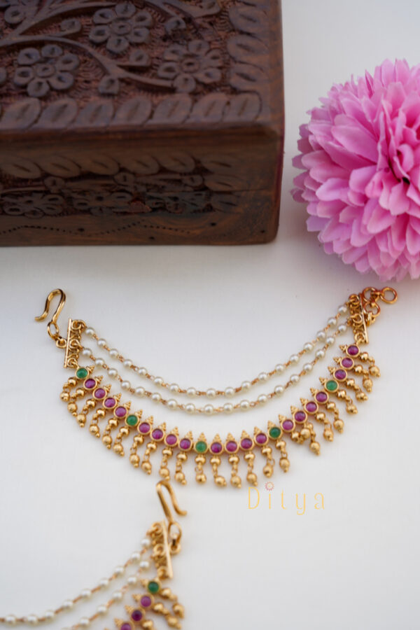Kemp Ruby and Green Stone Earchain with Pearl Layer - Image 2