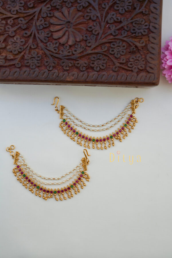Kemp Ruby and Green Stone Earchain with Pearl Layer