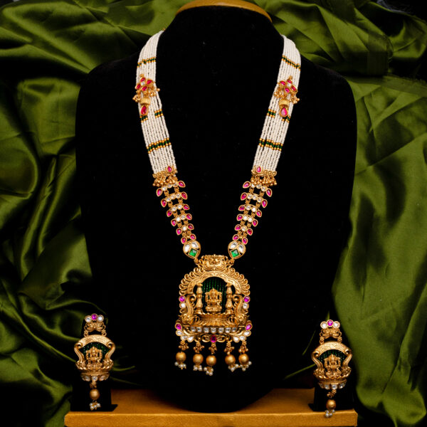 Multi Bead Antique Designer Long Haram with 3D Lakshmi Pendent - Image 3
