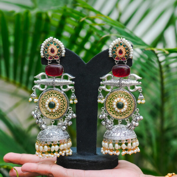 Premium Oxidised Silver Thirisoolam Style Long Silver Jummuka - Red - Image 2