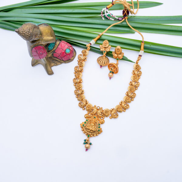 Matt Gold Finish Lakshmi Pendent Necklace with Jumukkas - Image 2