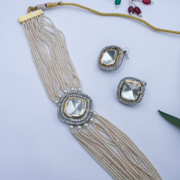 Pearls With Mosssanite Kundan Stone Choker - Image 2