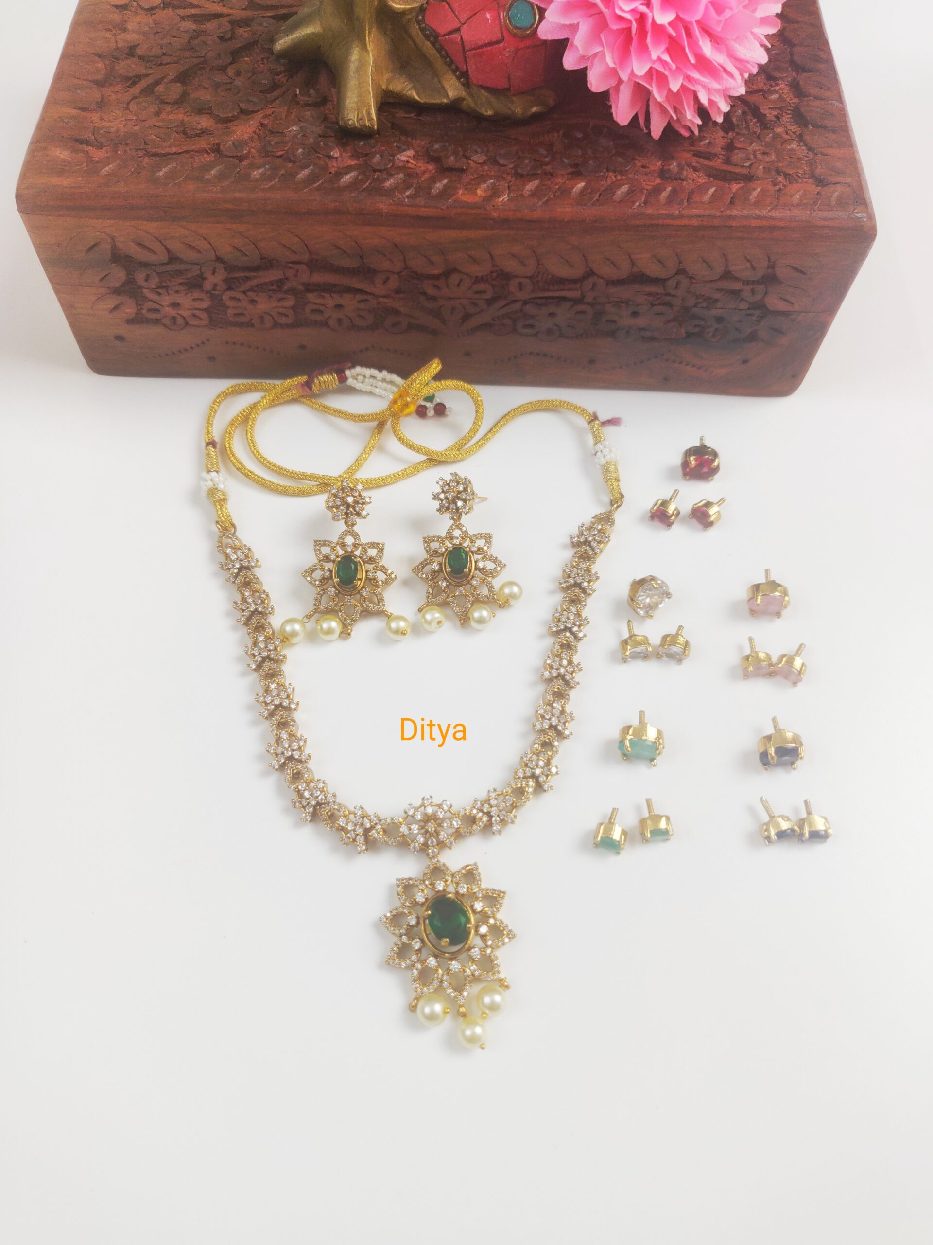 Interchangable AD Stones Flower Pendent Neckset