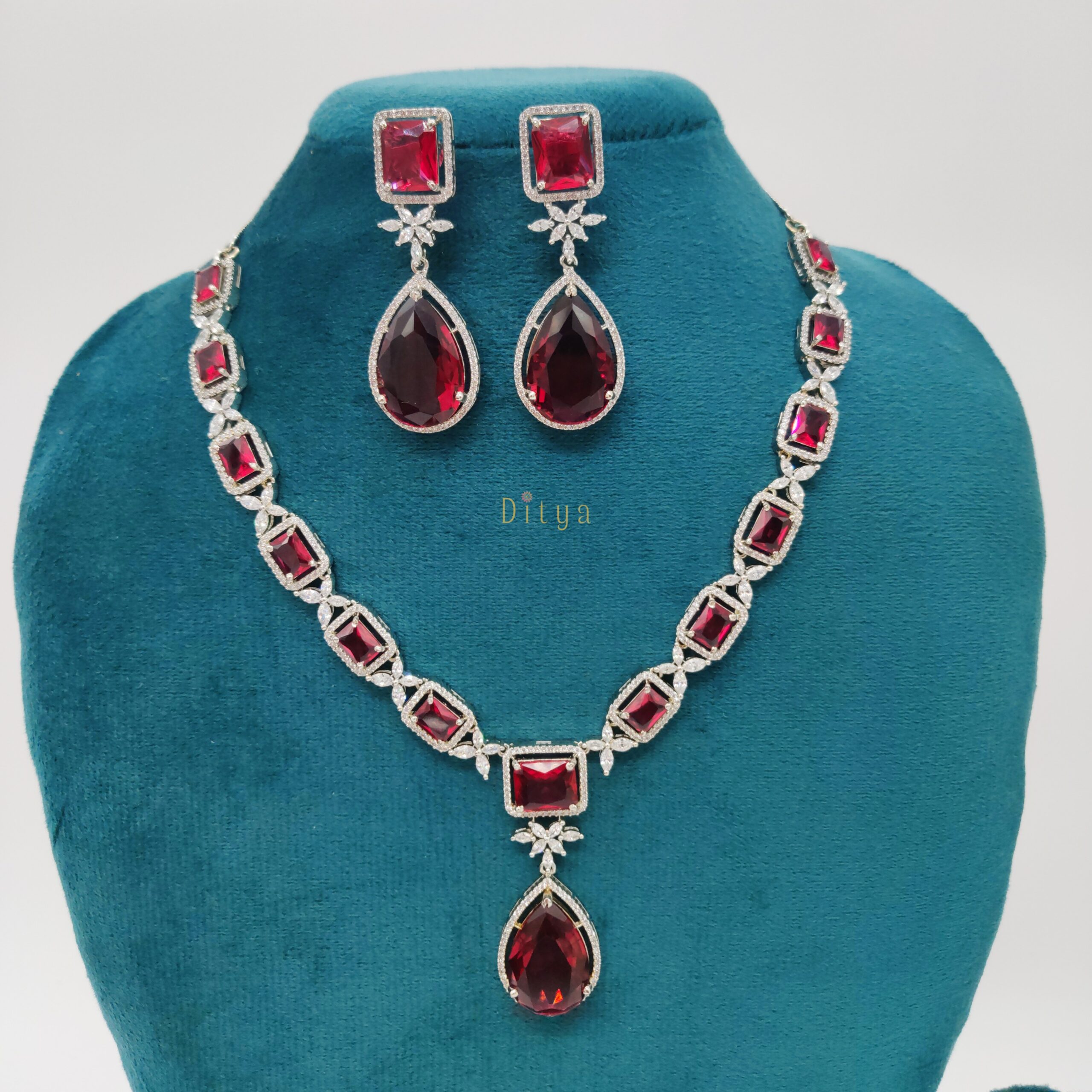 Square & Drop Dark Pink AD Necklace Set - Image 2