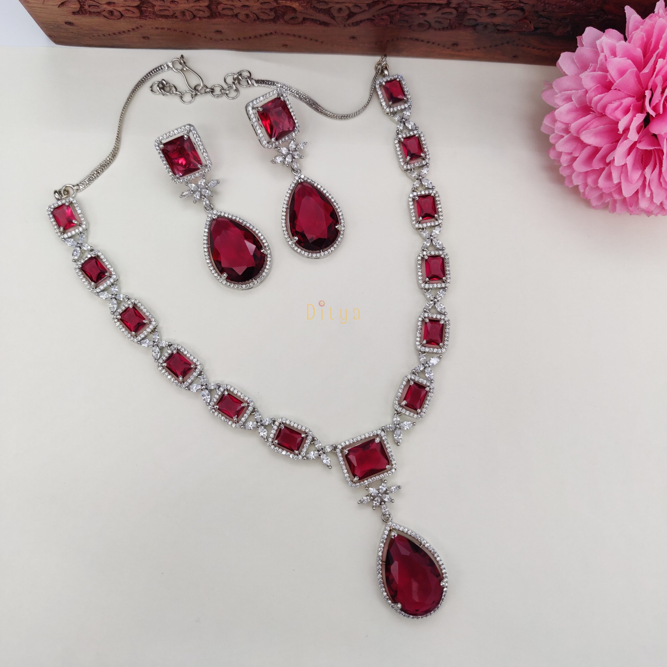 Square & Drop Dark Pink AD Necklace Set