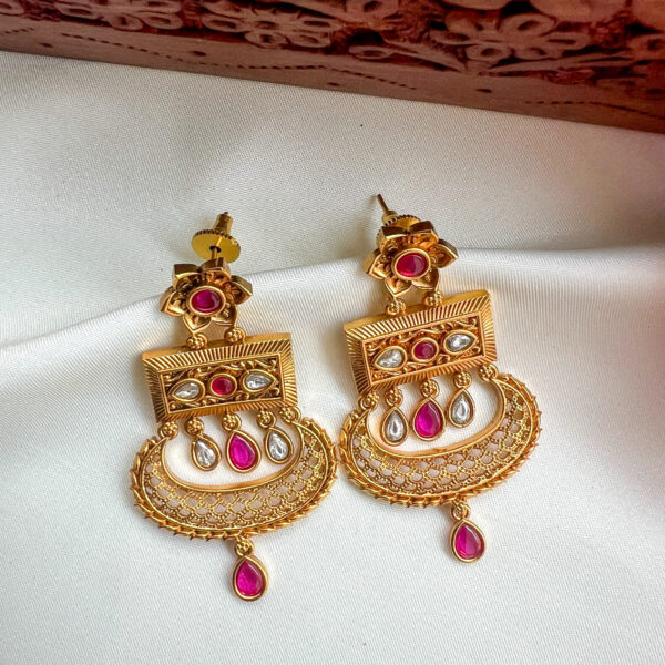 Antique Chandabali Earrings - Pink - Image 2