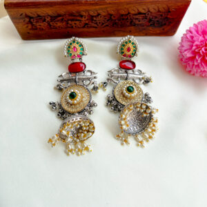 Premium Oxidised Silver Thirisoolam Style Long Silver Jummuka - Red