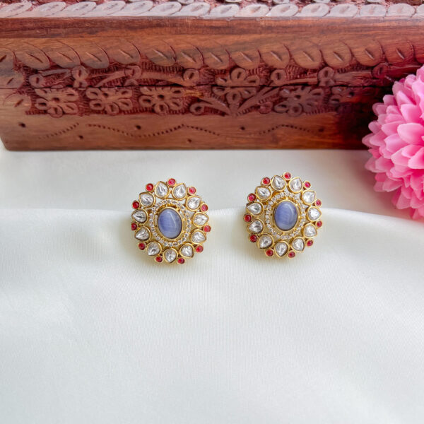 Elegant Mossanite Polki Stone Designer Studs - Blue