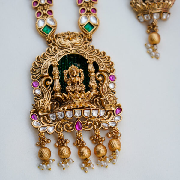 Multi Bead Antique Designer Long Haram with 3D Lakshmi Pendent - Image 2