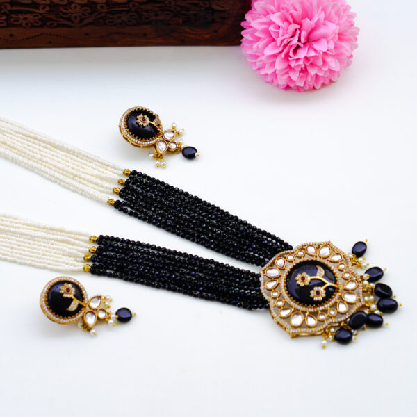 Pearl and Black Onyx Bead Long Designer Haram with Pendent