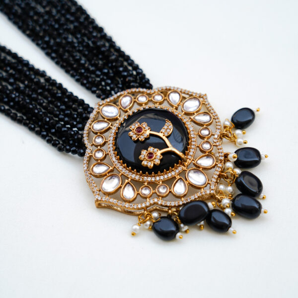 Pearl and Black Onyx Bead Long Designer Haram with Pendent - Image 2