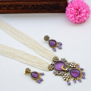 Pearl Designer Long Haram with Purple Stone Pendent