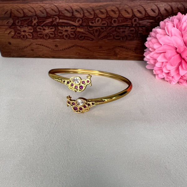 Peacock Design White Kundan & Ruby Kemp Stone-Open Type Bracelet