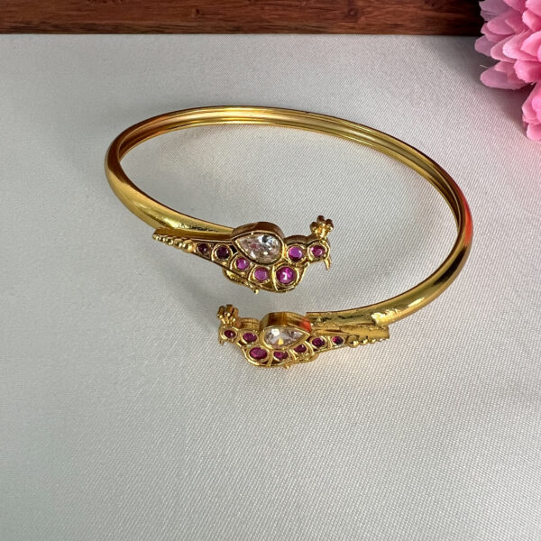 Peacock Design White Kundan & Ruby Kemp Stone-Open Type Bracelet - Image 2