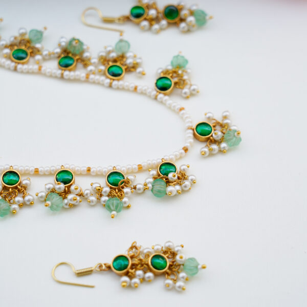 Pearl Short Haram with Pastel Green  Pumpkin Bead and Hook Earrings - Image 2