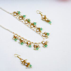 Pearl Short Haram with Pastel Green  Pumpkin Bead and Hook Earrings