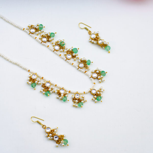Pearl Short Haram with Pastel Green  Pumpkin Bead and Hook Earrings