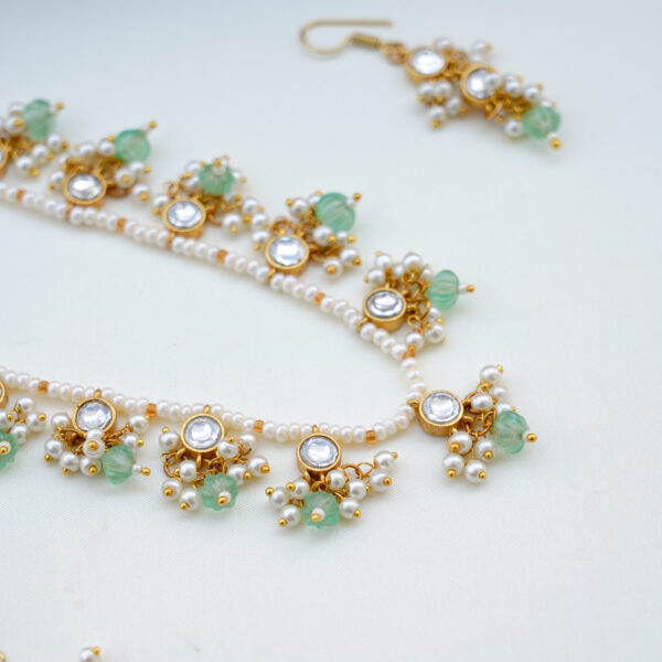 Pearl Short Haram with Pastel Green  Pumpkin Bead and Hook Earrings - Image 3
