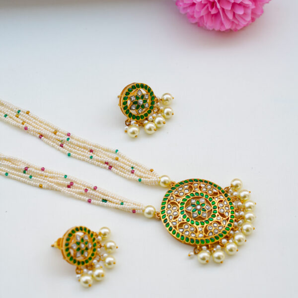 Premium Jadau Kundan Round Pendent with Pearl Haram - Image 2