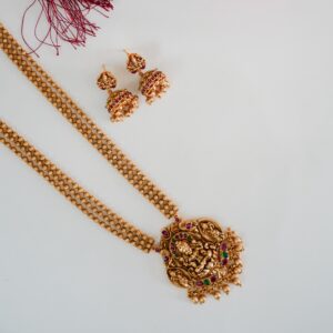 Premium Three-Line Gold Beaded Chain with Lakshmi Pendent