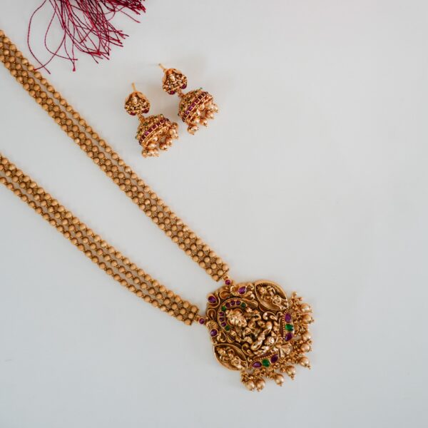 Premium Three-Line Gold Beaded Chain with Lakshmi Pendent