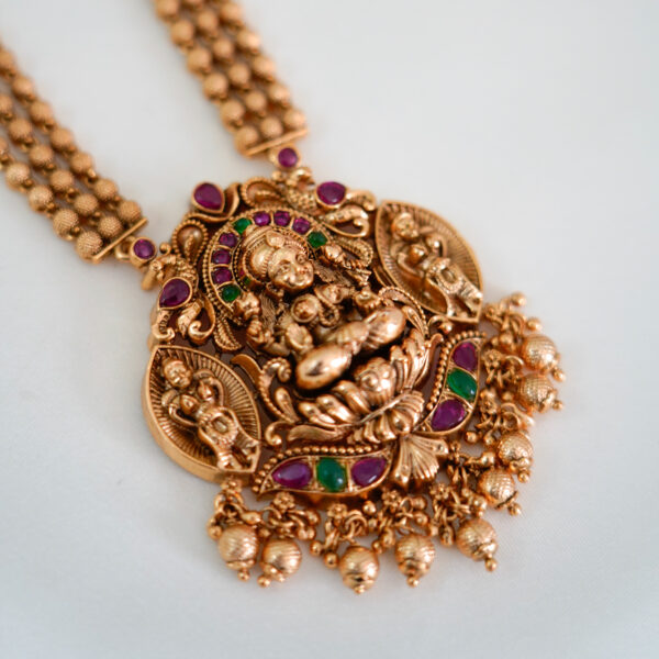 Premium Three-Line Gold Beaded Chain with Lakshmi Pendent - Image 2