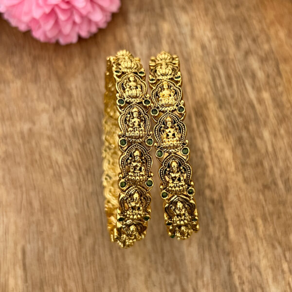 3D Lakshmi Antique  Bangles with Green Stone - Image 2