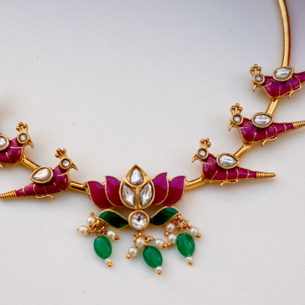 Lotus and Parrot Enamel Design Hasli Necklace with Earrings - Image 2
