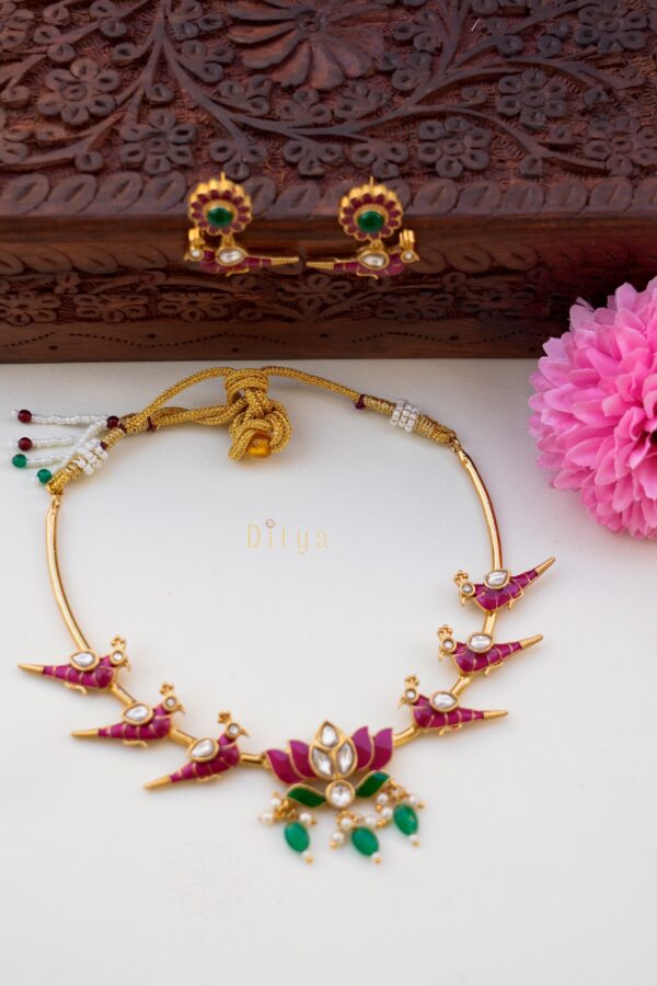 Lotus and Parrot Enamel Design Hasli Necklace with Earrings