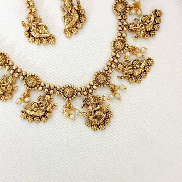 Matt Gold Finish Lord Ganesha Designer Necklace Set - Image 2
