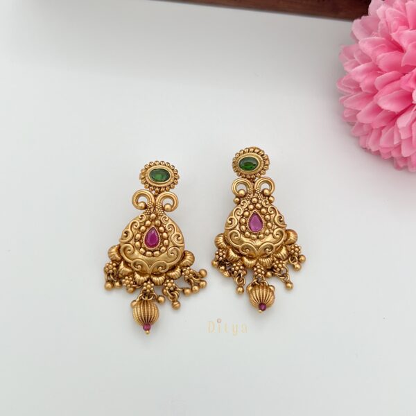 Pink and Green Stones Antique Chandbali Earring - Image 2