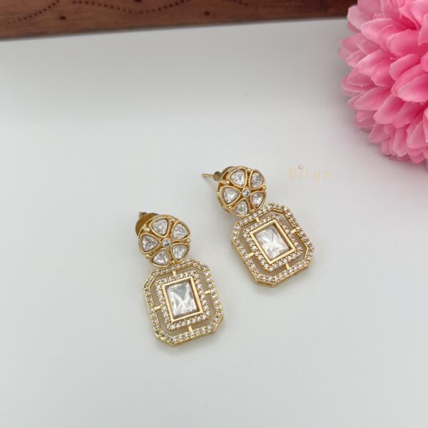 Premium Moissanite Polki Kundan Stones Earring- Flower & Square Design - Image 2