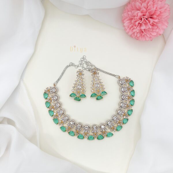 Gold Plated Sea Green Stone and Crystal Flower AD Neckset