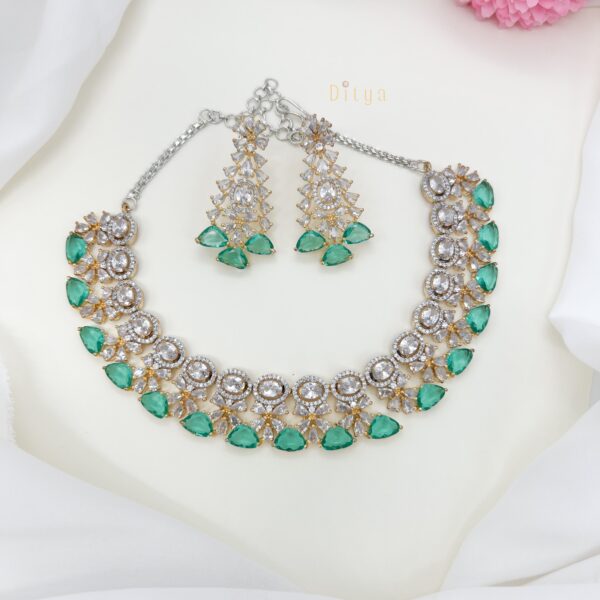Gold Plated Sea Green Stone and Crystal Flower AD Neckset - Image 2
