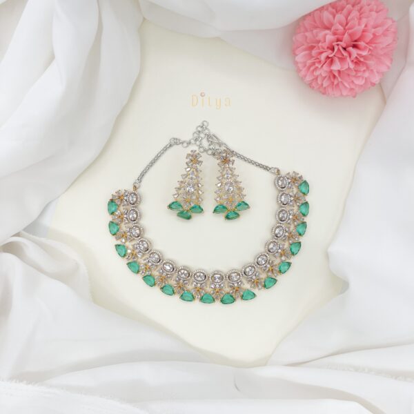 Gold Plated Sea Green Stone and Crystal Flower AD Neckset - Image 3
